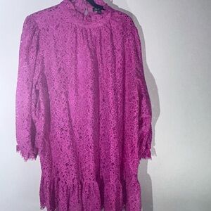 J. Crew Hot Pink Lace Long-Sleeve Midi Dress cottagecore Grandmillenial 👗 GUC